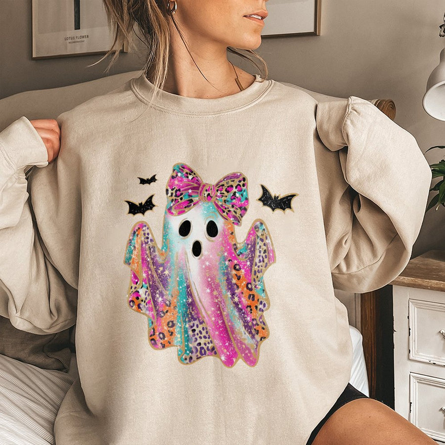 Colorful Leopard Bow Ghost Sweatshirt | Glitter Spooky Aesthetic | Premium Cotton Blend | Cute Halloween Fall Gift for Women