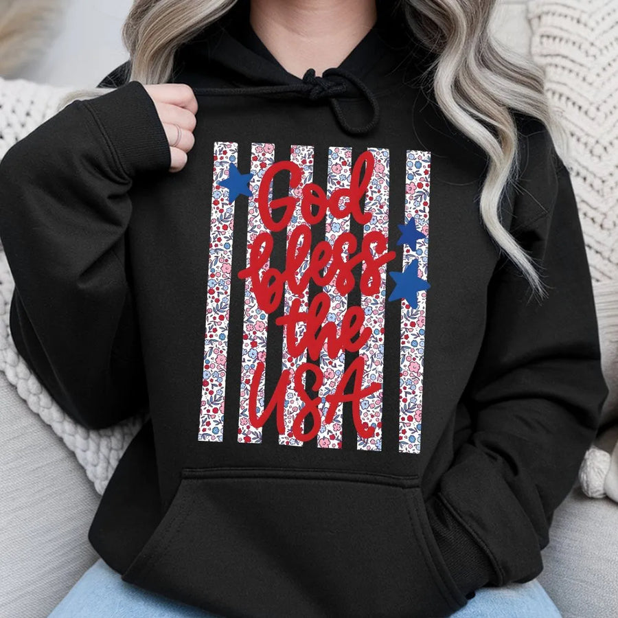 God Bless The USA Hoodie | Dainty Floral American Flag Design | Soft Cotton Blend Pullover | Fourth of July Gift for Women