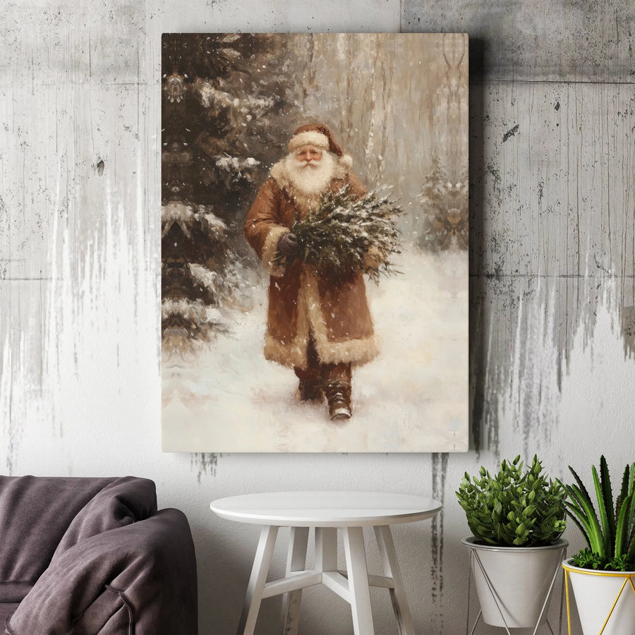 Vintage Santa Claus Wall Art | Brown Coat Christmas Forest Scene | Premium Gallery-Wrapped Canvas | Festive Holiday Home Decor Gift