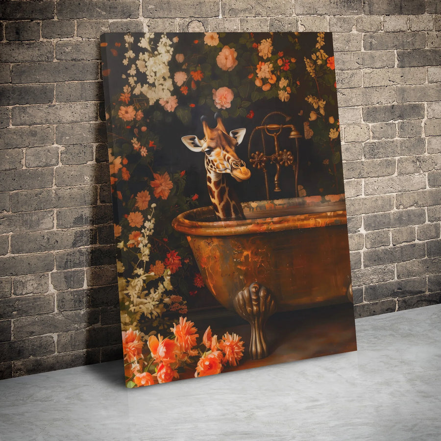 Giraffe in Bathtub Canvas Wall Art | Whimsical Floral Bathroom Decor | Gallery Wrapped Premium Canvas | Ready to Hang Quirky Home Decor Gift