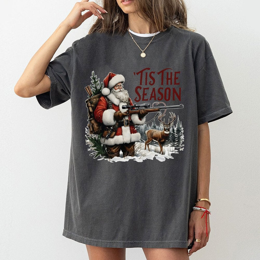 Tis The Season Santa Hunting T-Shirt | Funny Christmas Deer Hunter Graphic | Premium 100% Cotton Tee | Holiday Gift for Men and Women