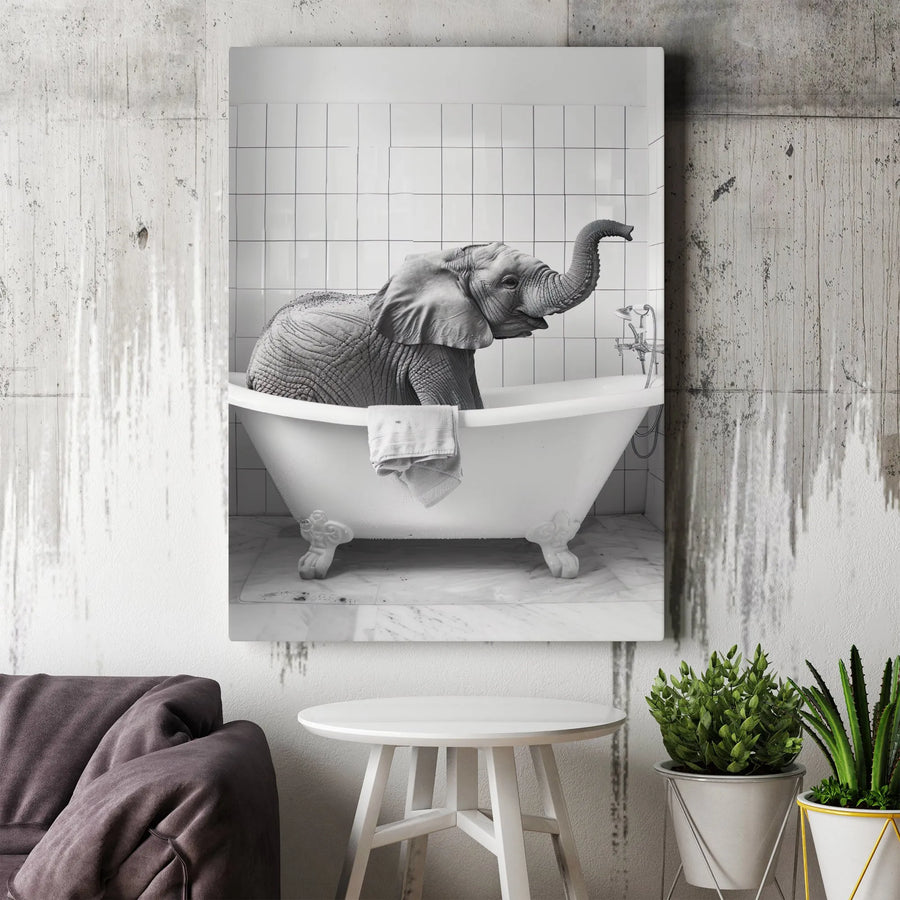 Baby Elephant Canvas Wall Art | Funny Bathing Elephant in Clawfoot Tub | Premium Gallery Wrap Print | Whimsical Bathroom Decor Gift