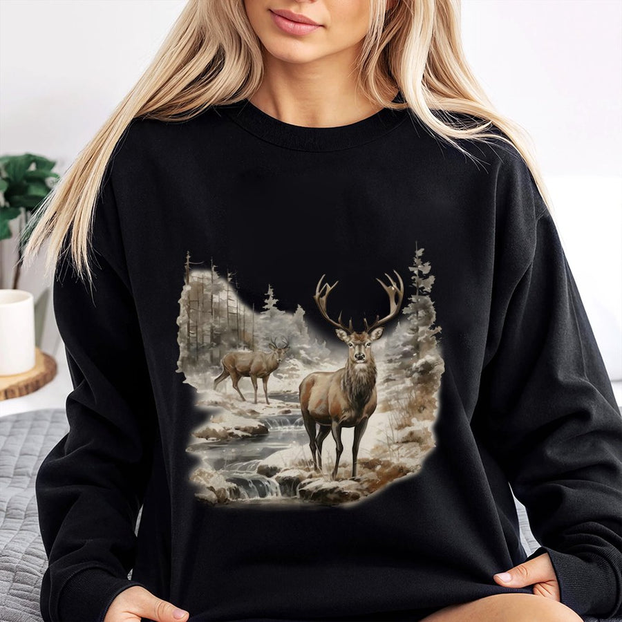 Deer Wilderness Scene Sweatshirt | Watercolor Wildlife Forest Print | Premium Cotton Blend | Gift for Nature Lovers and Outdoor Enthusiasts