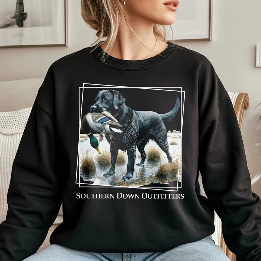 Black Labrador Retriever Sweatshirt | Hunting Dog Duck Fetch Design | Premium Cotton Blend Crewneck | Gift for Hunters and Dog Lovers
