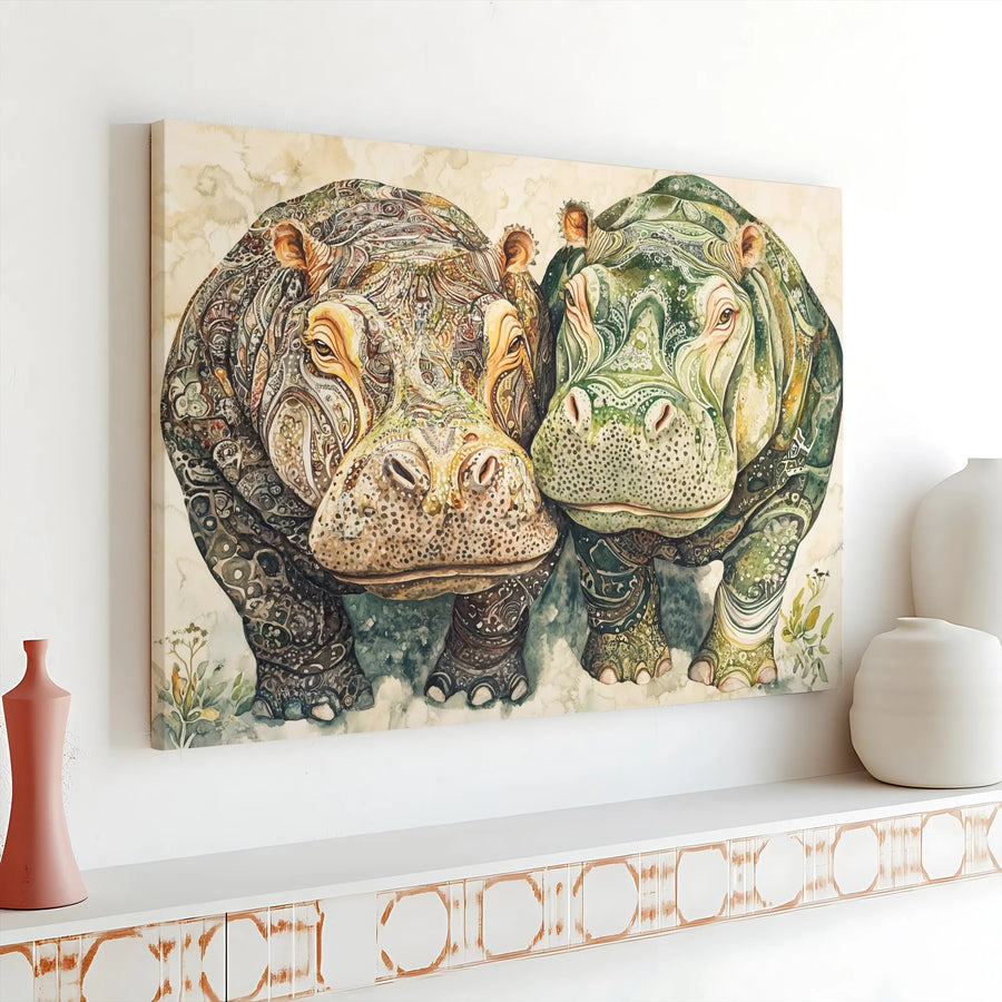 Hippopotamus Couple Canvas Wall Art | Intricate Mandala Watercolor Print | Premium Gallery Wrap Decor | Unique Hippo Gift for Animal Lovers