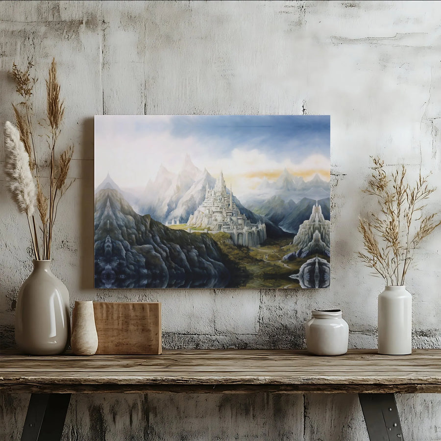Fantasy White Castle Canvas Wall Art | Epic Mountain Citadel Landscape | Gallery Wrapped 1.25" Profile | Premium Decor Gift For Fantasy Lovers