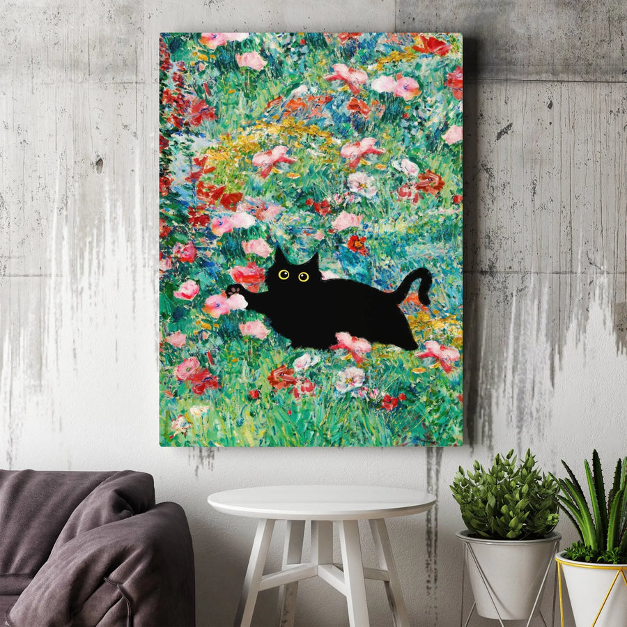 Black Cat Wall Art | Impressionist Flower Garden Print | Premium Fade-Resistant Canvas | Whimsical Home Decor Gift for Cat Lovers