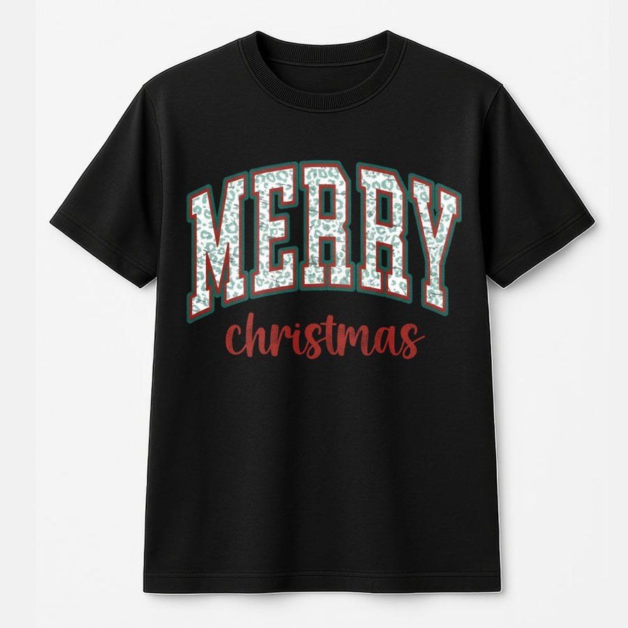 Merry Christmas T-Shirt | Retro Leopard Print Holiday Graphic | Premium 100% Cotton | Cute Festive Gift for Women and Family