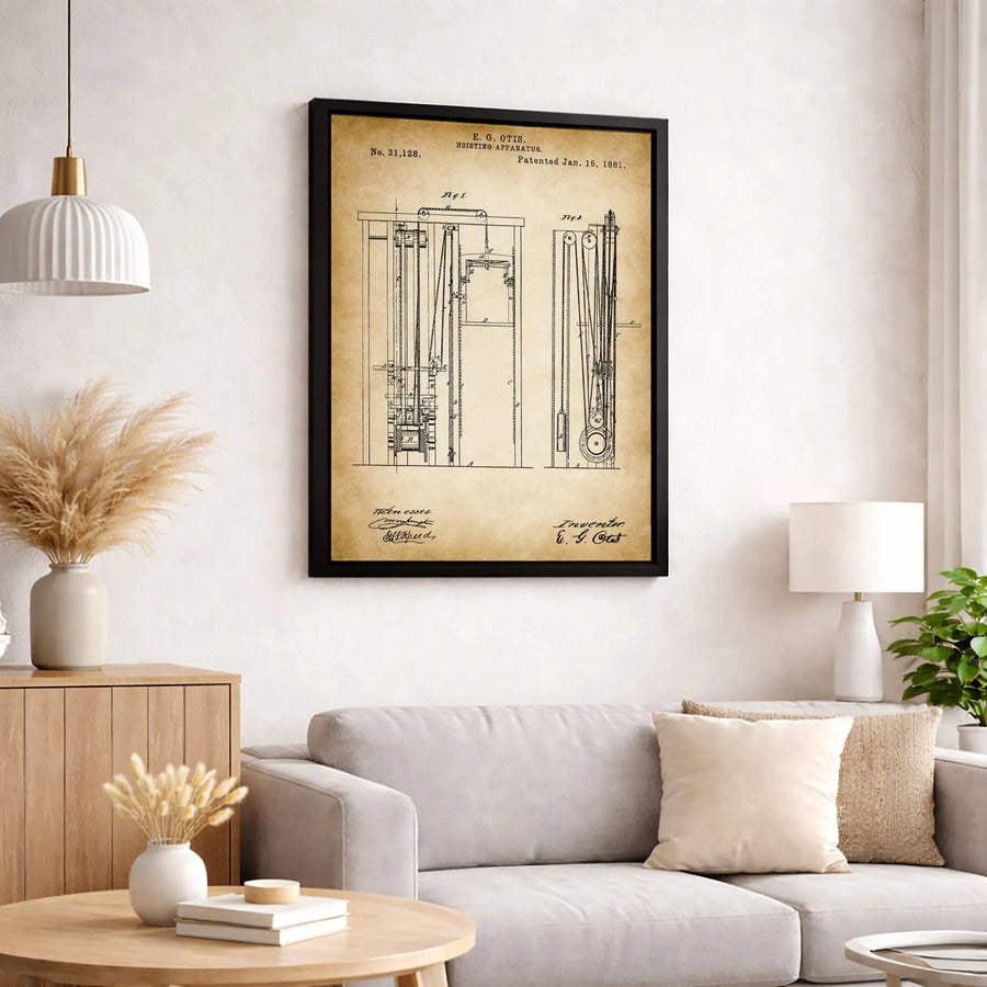 E. G. Otis Elevator Patent Print | Vintage Hoisting Apparatus Technical Drawing | Premium Gallery Canvas | Engineering Gift for Architect or Office Decor