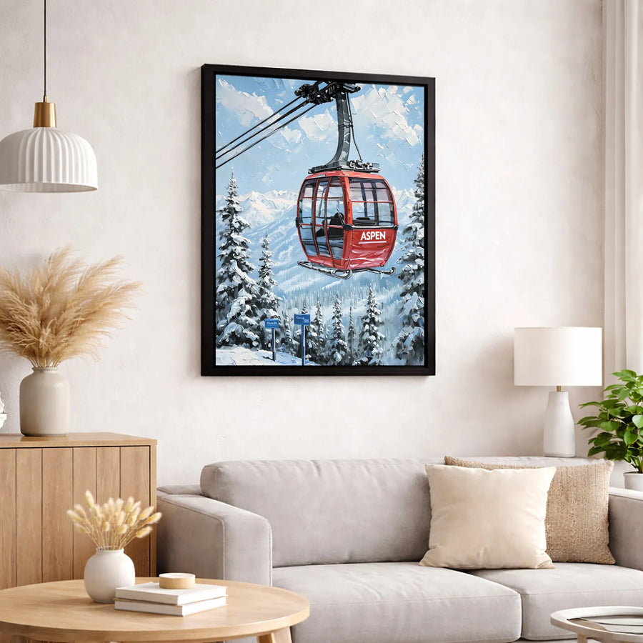 Aspen Ski Gondola Wall Art | Snowy Mountain Landscape Painting | Premium 1.25 Inch Gallery Canvas | Winter Sports Home Decor Gift