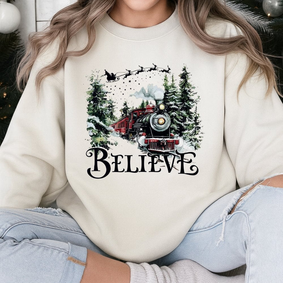 Believe Christmas Train Sweatshirt | Vintage Holiday Graphic Pullover | Premium Cotton-Poly Blend | Festive Seasonal Gift for Christmas Movie Fans