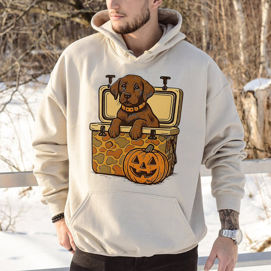 Chocolate Labrador Halloween Hoodie | Dog in Camo Cooler Graphic | Premium Cotton Blend | Funny Fall Pumpkin Gift for Dog Lovers