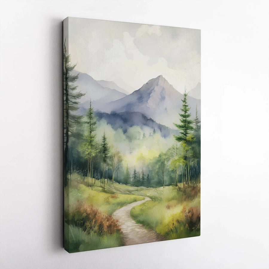 Misty Mountain Canvas Wall Art | Watercolor Forest Path Print | Premium Gallery Wrapped Canvas | Nature Lover Gift for Living Room Decor
