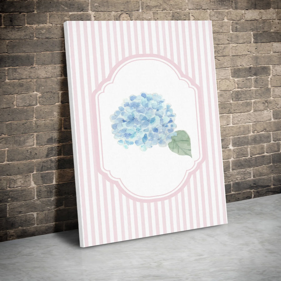 Watercolor Hydrangea Canvas Wall Art | Pink Stripes & Blue Floral Print | Premium 1.25" Thick Gallery Canvas | Gift for Her & Cottagecore Home Decor
