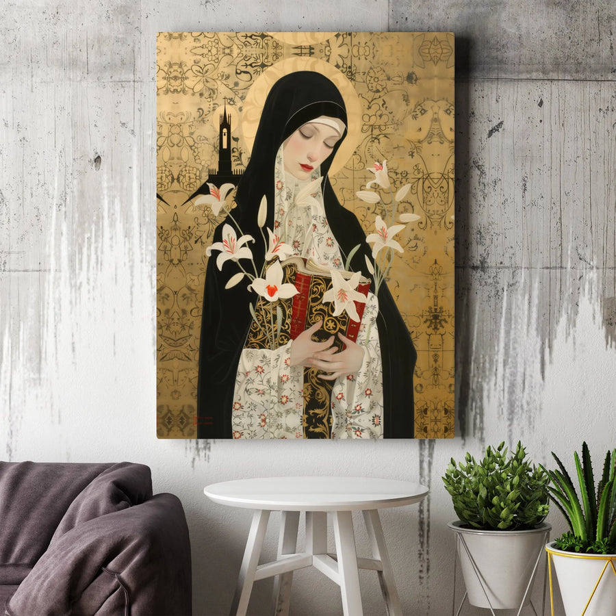 Nun With Lilies Canvas Wall Art | Art Nouveau Religious Portrait | Premium Gallery Wrap Decor | Sacred Christian Gift For Home