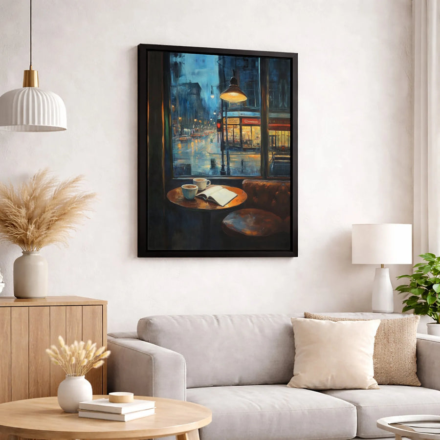 Rainy Coffee Shop Wall Art | Cozy Night City Street View | Premium Gallery Wrap Canvas | Aesthetic Home Decor Gift