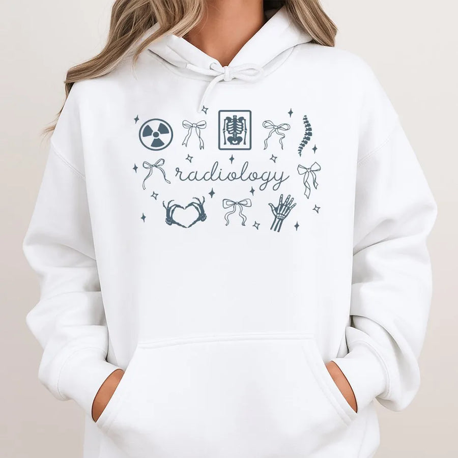 Coquette Radiology Hoodie | X-Ray Tech Aesthetic with Bow Icons | Premium Cotton Blend | Gift for Radiologist & RAD Tech Student