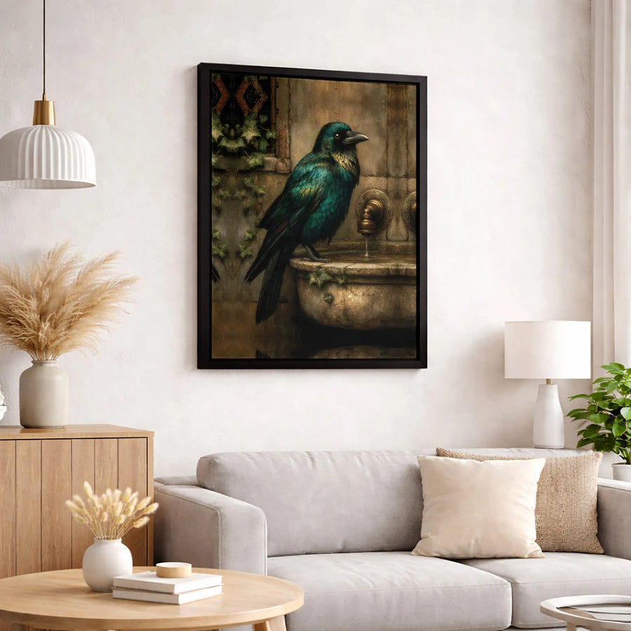 Gothic Raven Canvas Wall Art | Iridescent Bird At Stone Fountain | Gallery Quality Fade-Resistant Print | Dark Academia Home Decor Gift