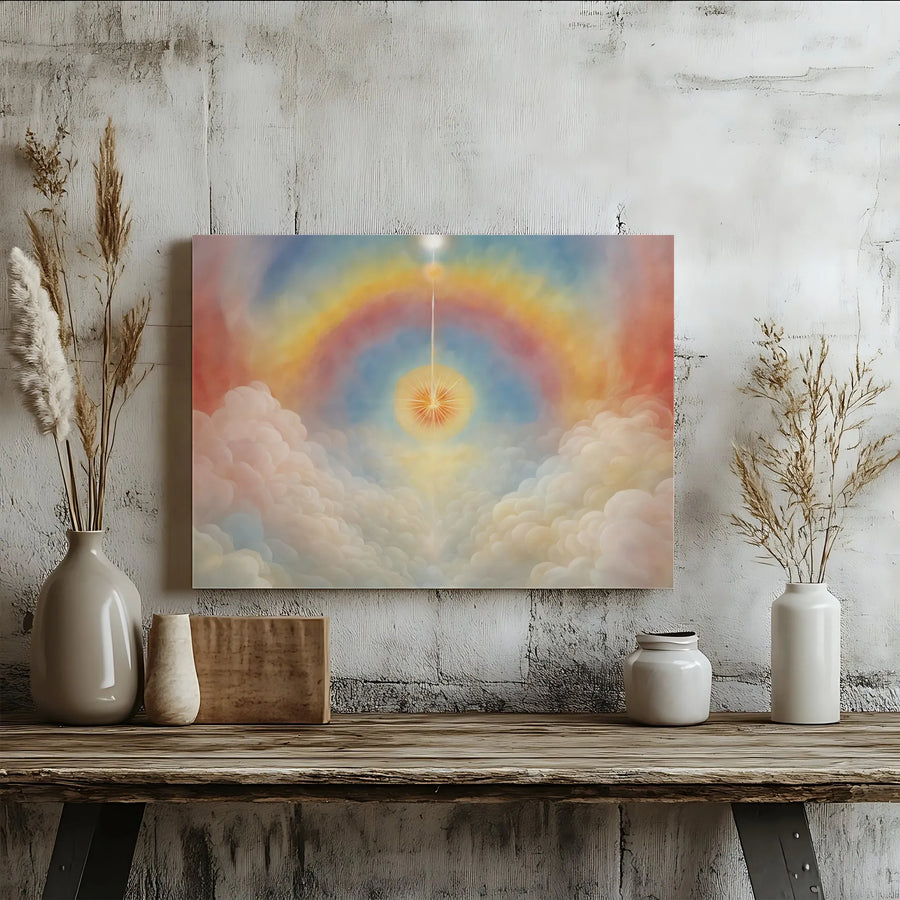 Celestial Rainbow Sun Canvas Print | Divine Light Cloud Artwork | Premium Gallery Wrapped Wall Decor | Spiritual Home Office Gift