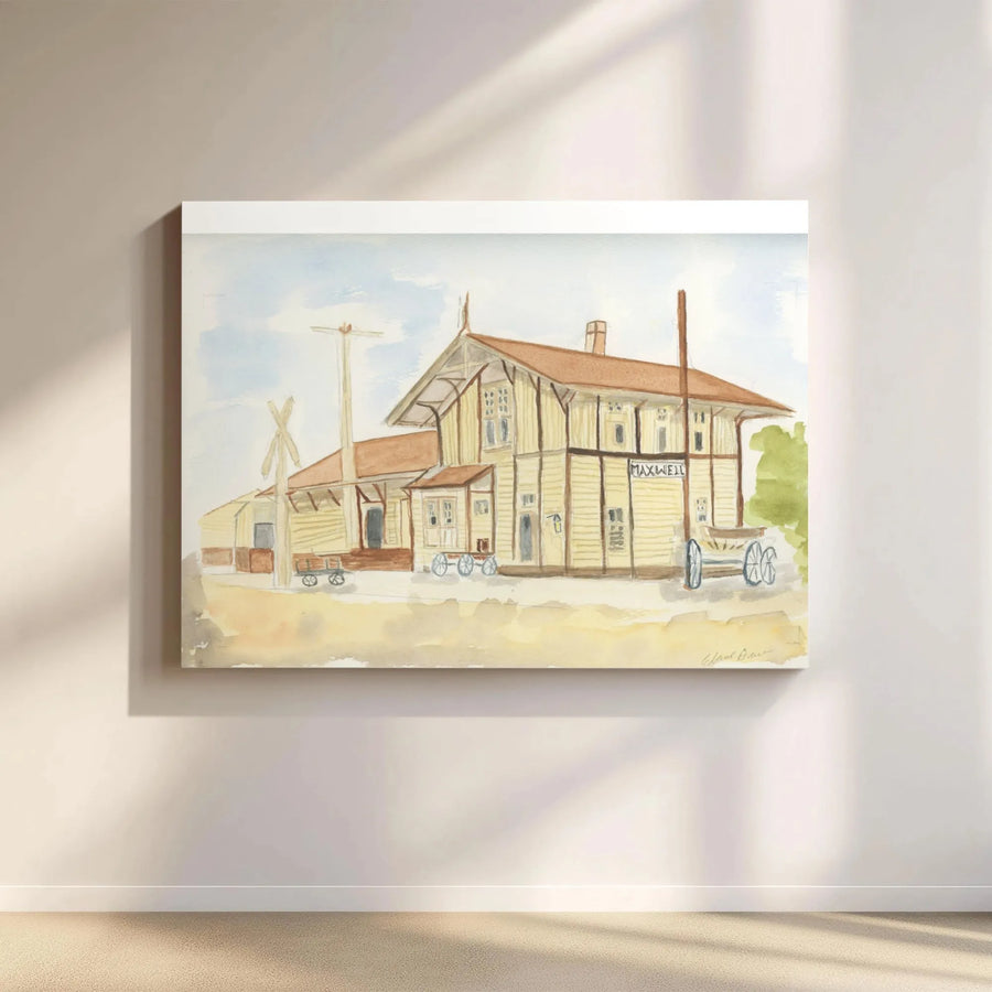 Maxwell Train Station Wall Art | Vintage Railway Depot Watercolor Painting | Premium Gallery Wrap Canvas | Rustic Home Decor Gift