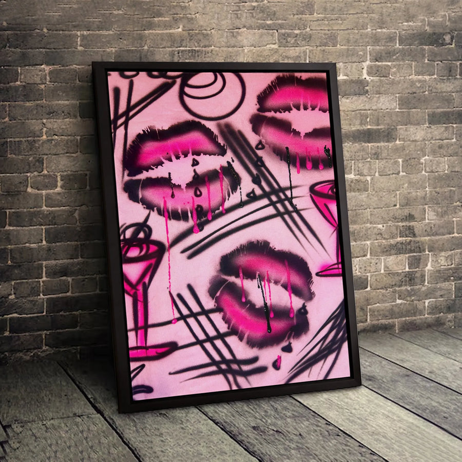 Pink Lips Graffiti Canvas Print | Street Art Martini Glass Decor | Gallery Quality Premium Wall Art | Edgy Chic Bedroom Living Room Gift