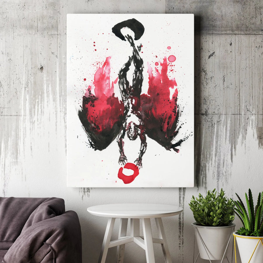 Fallen Angel Canvas Wall Art | Red Ink Wash Abstract Print | Premium Gallery Wrapped Decor | Dark Fantasy Gothic Home Office Gift