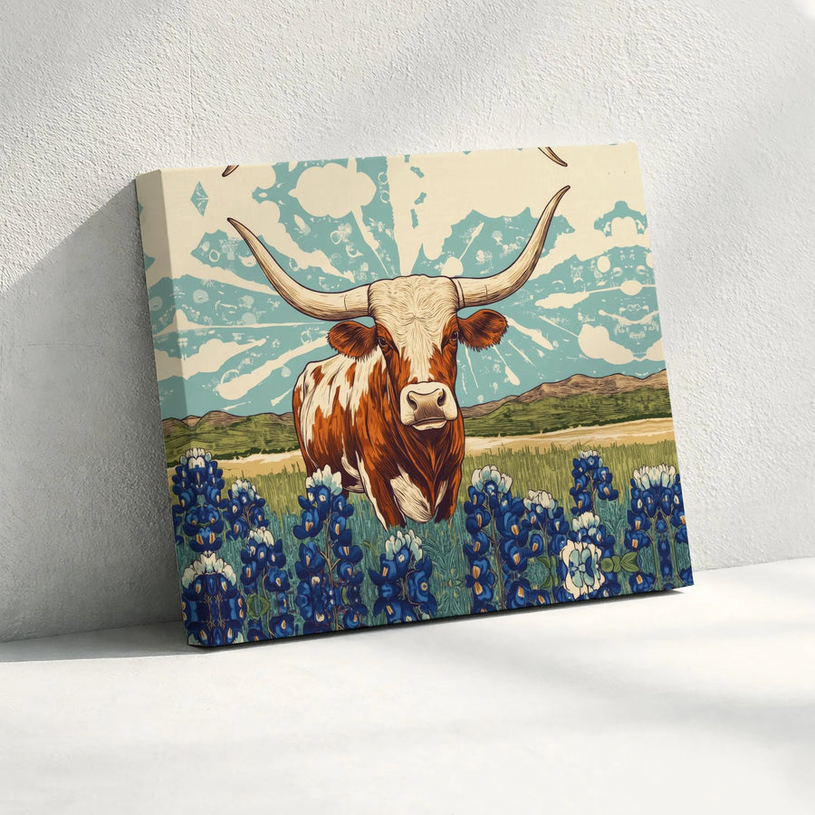 Texas Longhorn Canvas Wall Art | Vintage Bluebonnet Flower Field Print | 1.25 Inch Premium Gallery Wrap | Rustic Farmhouse Home Decor Gift