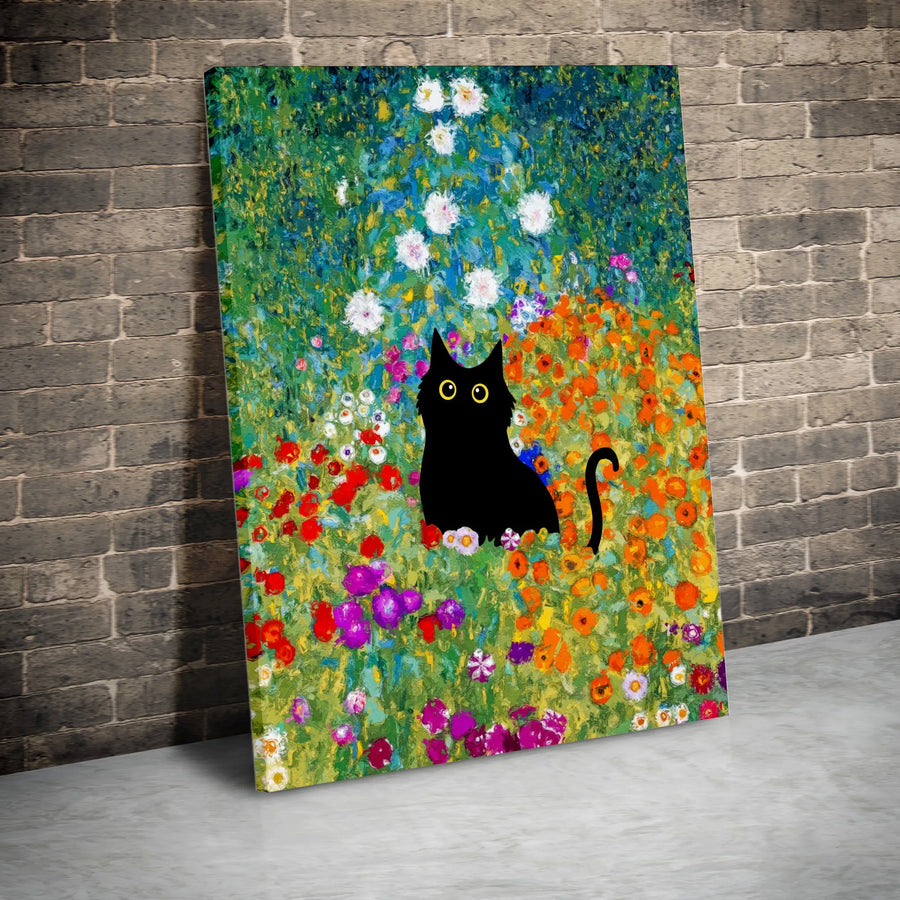 Black Cat Wall Art | Impressionist Flower Garden Painting | Gallery-Quality 1.25" Thick Canvas Print | Whimsical Nature Decor Gift