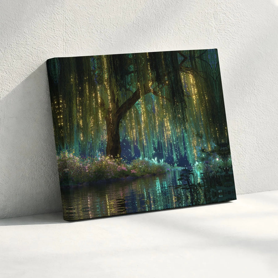 Enchanted Willow Tree Canvas Art | Glowing Fairy Lights Forest Landscape | Premium Gallery-Wrapped Decor | Whimsical Nature Wall Print for Home
