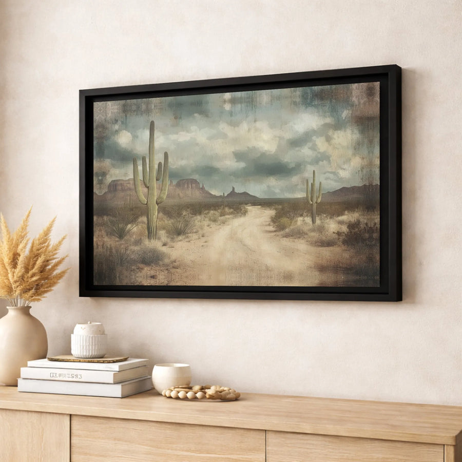 Southwestern Desert Landscape Canvas | Vintage Saguaro Cactus Wall Art | Premium Gallery-Wrapped Print | Western Home Decor for Living Room