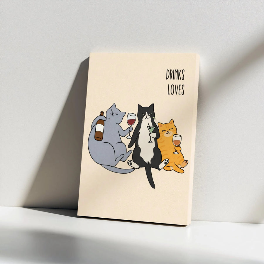 Funny Cat Canvas Wall Art | Cartoon Cats Drinking Wine & Martinis | Premium Canvas Print | Humorous Home Bar Decor Gift for Cat Lover