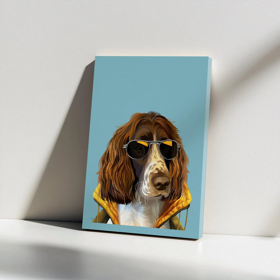English Springer Spaniel Wall Art | Cool Dog In Yellow Raincoat With Sunglasses | Premium 1.25 Inch Gallery Wrap Canvas | Unique Dog Lover Gift Home Decor