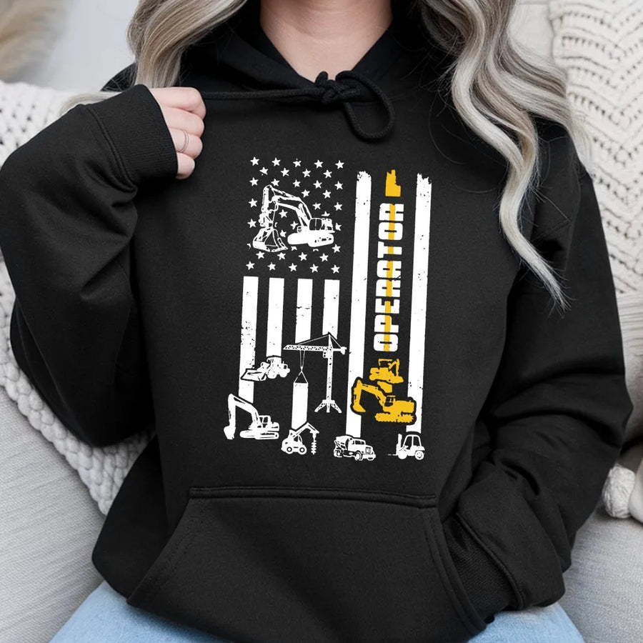 Heavy Equipment Operator Hoodie | American Flag Construction Graphic | Premium Cotton Blend | Gift for Construction Worker