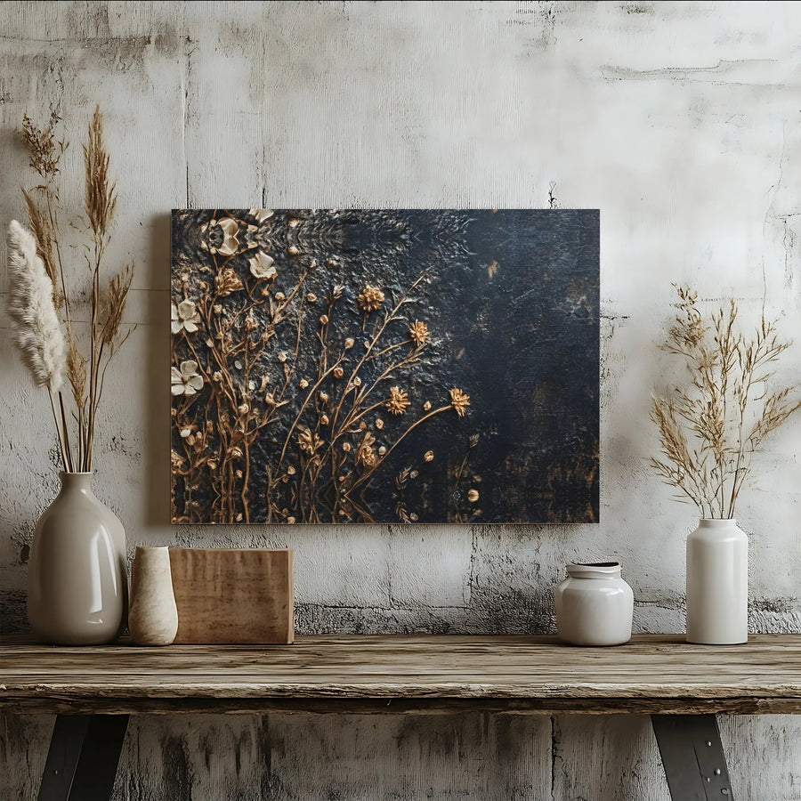 Gold and Cream Floral Canvas Wall Art | Textured Botanical 3D Effect | Premium Gallery Wrapped Decor | Modern Home Office Statement Piece