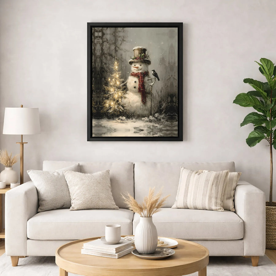Vintage Snowman Wall Art | Whimsical Christmas Tree Canvas Print | Premium Fade-Resistant Decor | Holiday Home Gift For Winter Enthusiasts