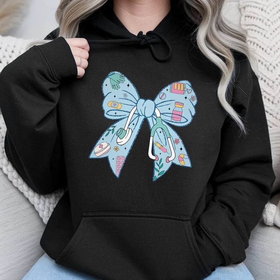 Nurse Coquette Bow Hoodie | Coquette Aesthetic Stethoscope Graphic | Soft Cotton Blend Pullover | Gift for Nursing Student or RN