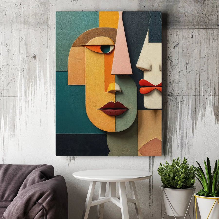 Abstract Cubist Face Canvas Print | Modern Geometric Two Faces Wall Art | 1.25-Inch Thick Gallery Wrap | Premium Decor Gift for Home Office