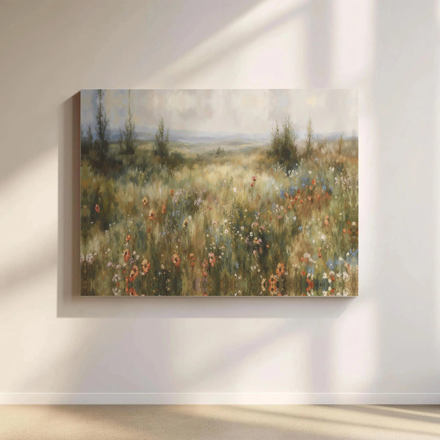 Impressionist Wildflower Field Canvas | Rustic Meadow Landscape Wall Art | Gallery-Wrapped Premium Print | Nature Home Decor Gift