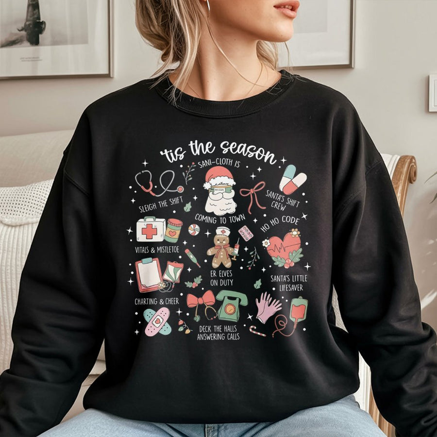 Nurse Christmas Sweatshirt | Funny Medical Holiday Icons Design | Soft Cotton-Poly Blend | Gift For RN Healthcare Workers
