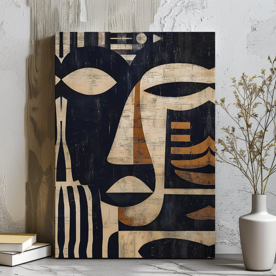 Abstract Tribal Face Wall Art | Geometric Modernist Canvas Print | Premium 1.25" Gallery Wrap | Sophisticated Home Decor for Living Room Office