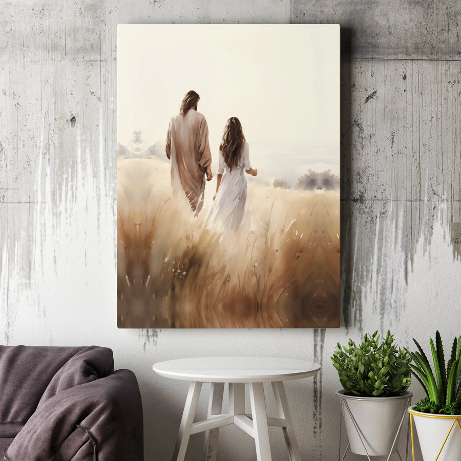 Jesus Walking With Woman Canvas Art | Serene Religious Wall Decor | Premium Fade-Resistant Print | Spiritual Gift for Home or Church