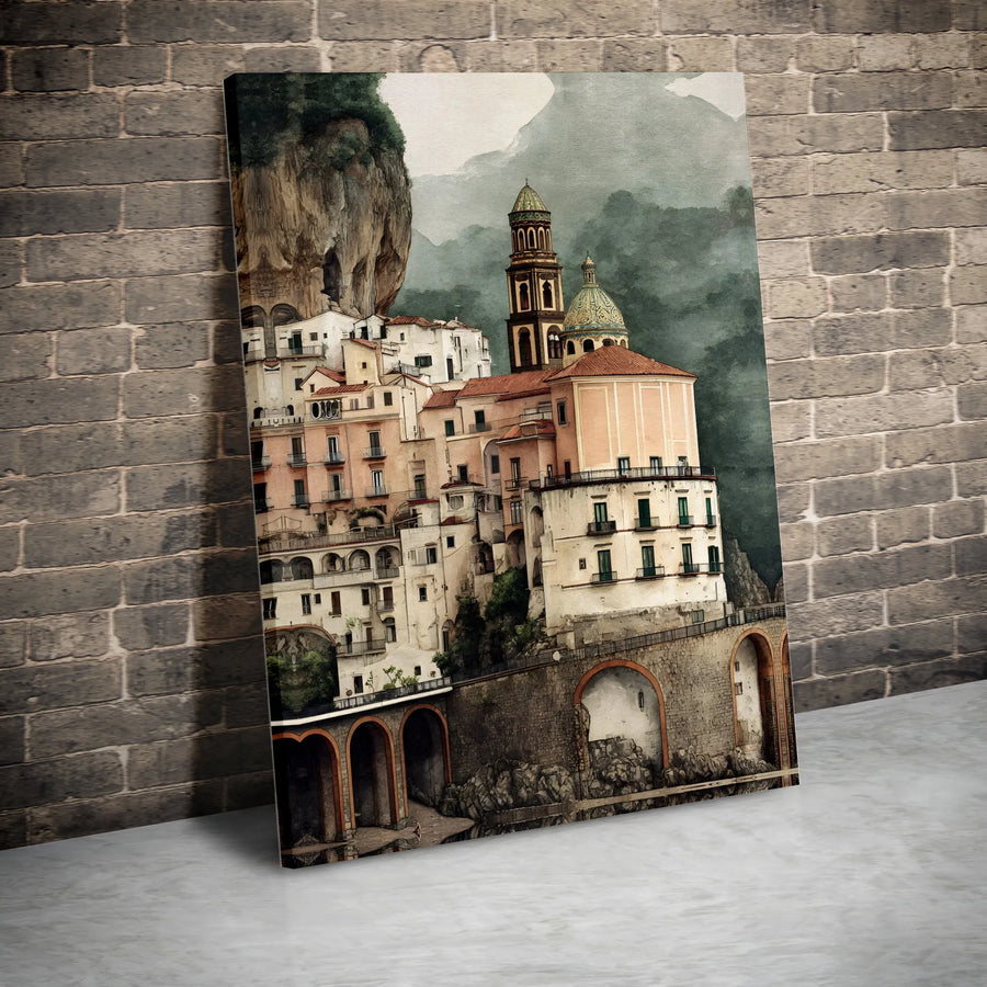 Amalfi Coast Canvas Wall Art | Watercolor Italian Village Scene | Premium Thick Gallery Wrap | Italy Travel Lover Gift & Home Decor