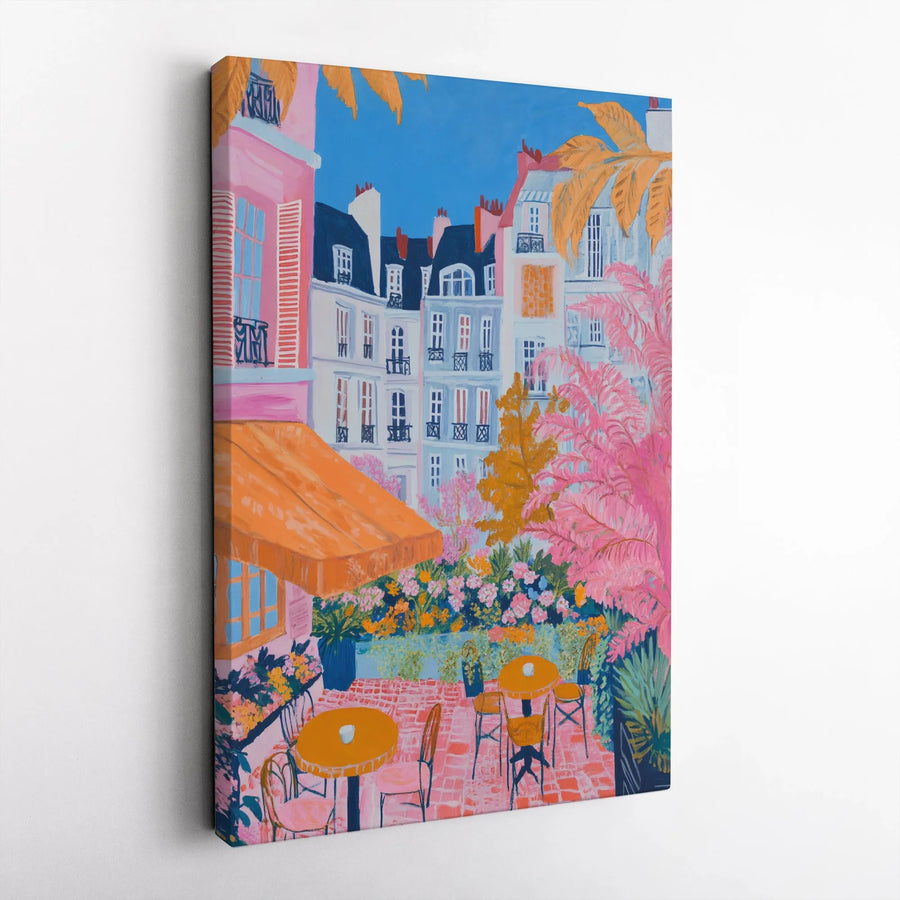 Vibrant Parisian Cafe Vertical Canvas | Colorful European Street Scene Painting | Premium Gallery Wrapped Wall Art | Modern Home Decor Gift for Traveler