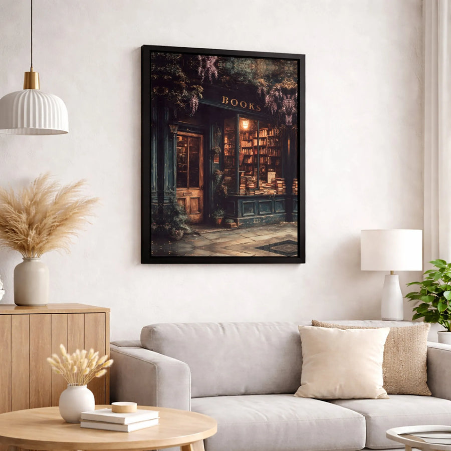 Cozy Bookshop Canvas Wall Art | Whimsical Wisteria Library Decor | Premium Gallery Wrap Print | Bookstore Aesthetic Gift for Book Lovers