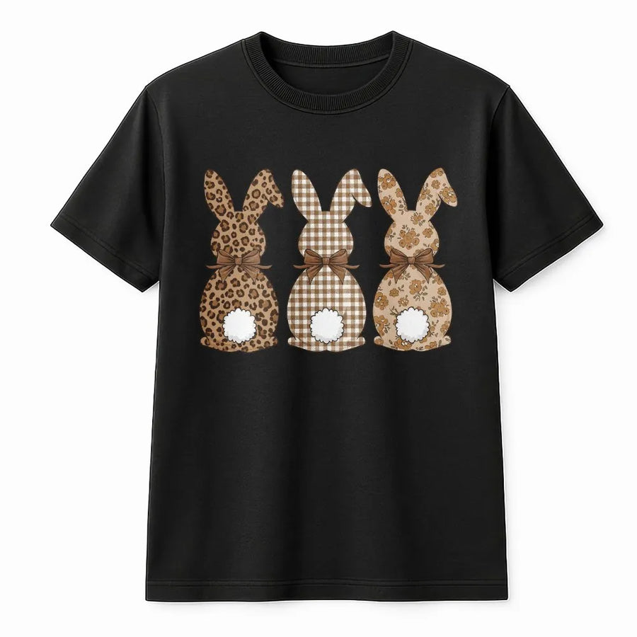 Easter Bunny T-Shirt | Leopard Plaid Floral Rabbit Design | 100% Cotton Premium Tee | Cute Spring Holiday Gift for Women and Kids