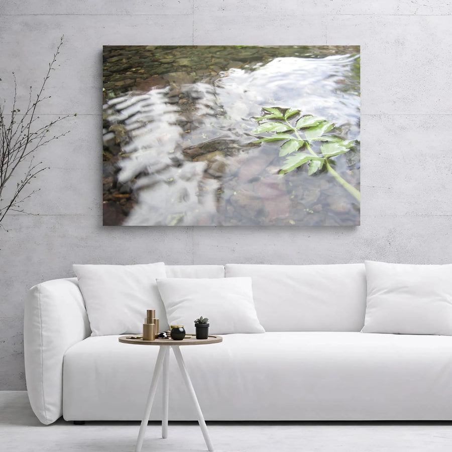 Nature Canvas Wall Art | Green Leaf Floating in Rippling Stream | Premium Gallery Wrap Wooden Frame | Serene Landscape Decor for Home or Office