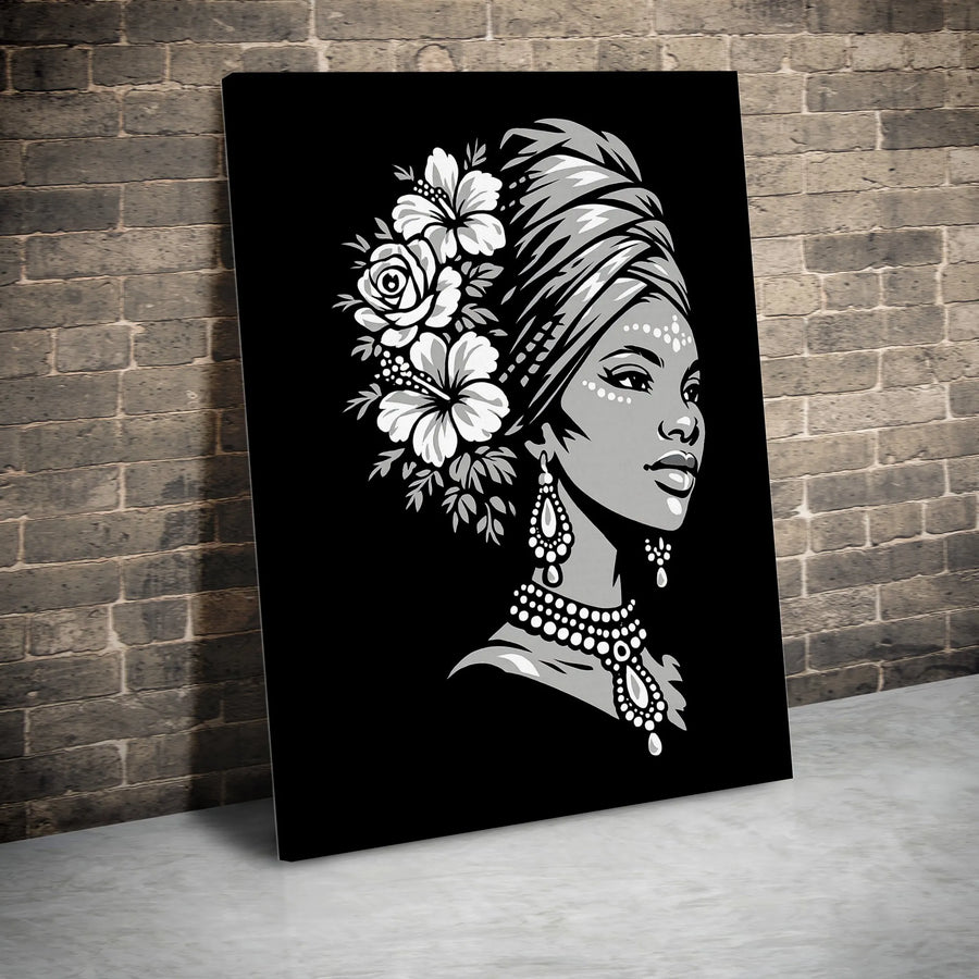 African Woman Canvas Print | Monochrome Floral Headdress Portrait | Premium Fade-Resistant Print | Afrocentric Home Decor Gift
