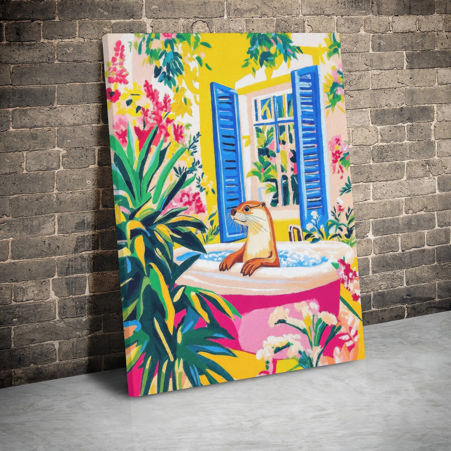Otter In Bathtub Canvas Wall Art | Colorful Floral Garden Bathroom Decor | 1.25 Inch Gallery Wrap Print | Whimsical Animal Lover Gift