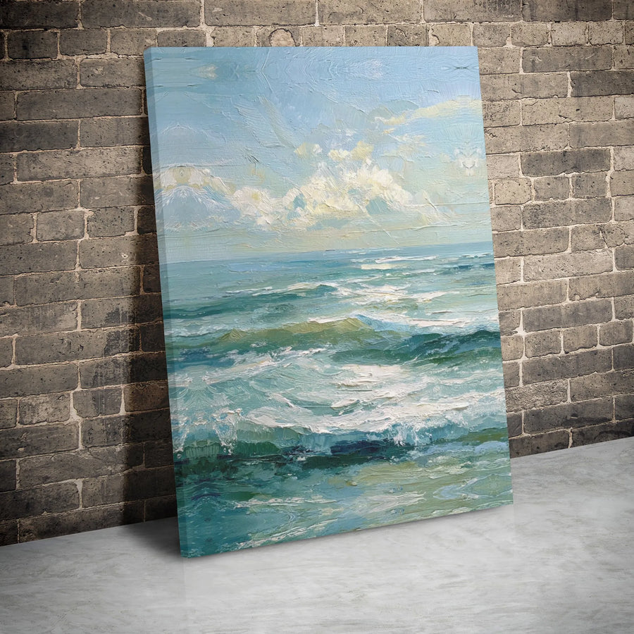 Ocean Waves Canvas Wall Art | Textured Impasto Coastal Seascape Painting | Premium Gallery Wrapped Decor | Serene Blue Sea Decor for Living Room