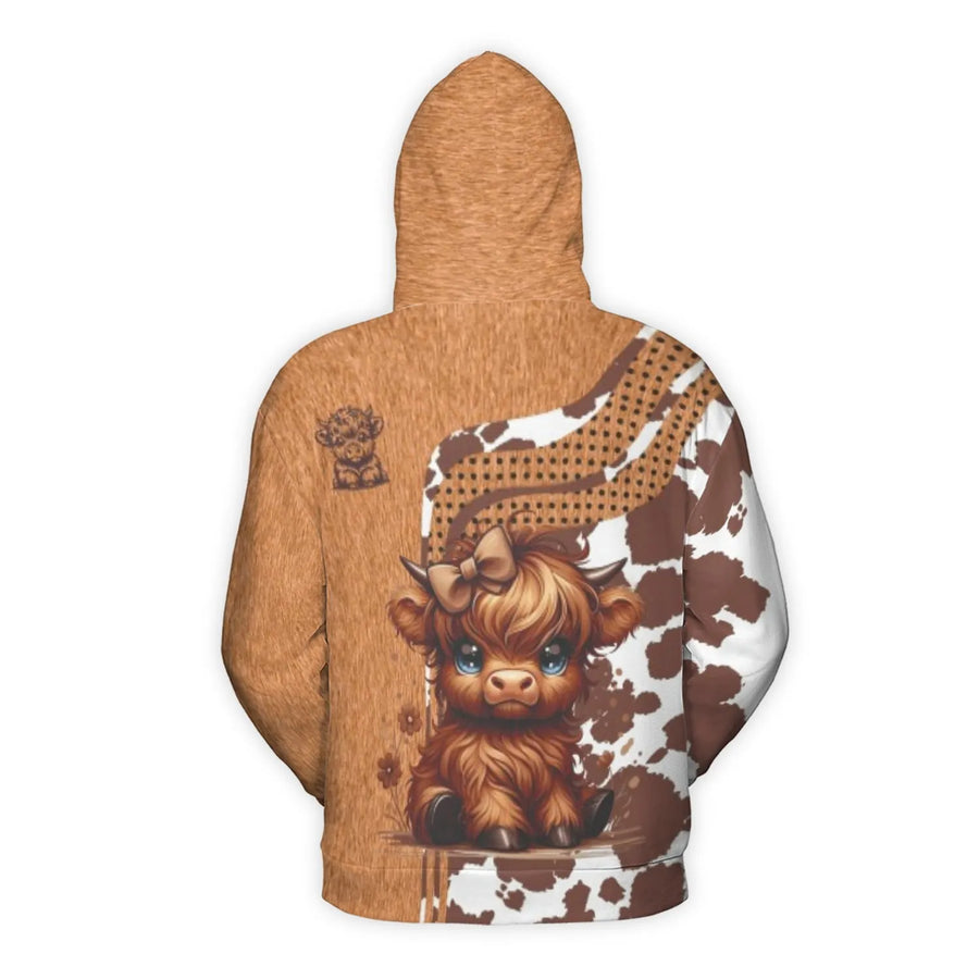 Cute Highland Cow Hoodie | Baby Cow Bow Design Print | Premium Brushed Fleece Unisex Pullover | Farmhouse Style Gift for Animal Lovers